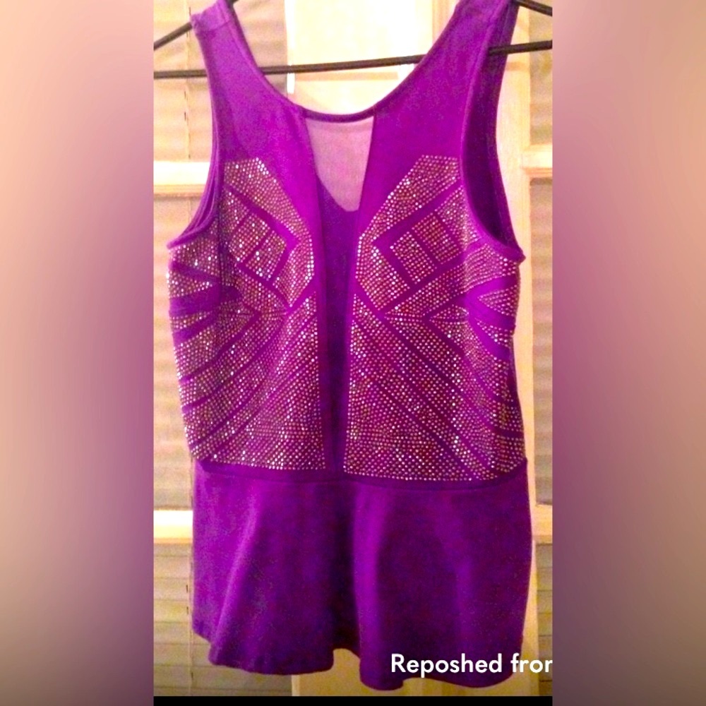 Bebe Purple rhinestone peplum top with mesh